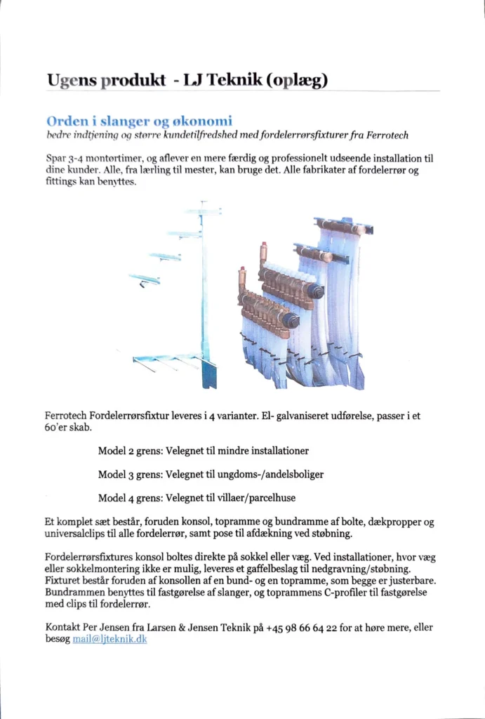 Produktark fra LJ Teknik om Ferrotech fordelerrørsfixtur med illustration af fixturet i brug