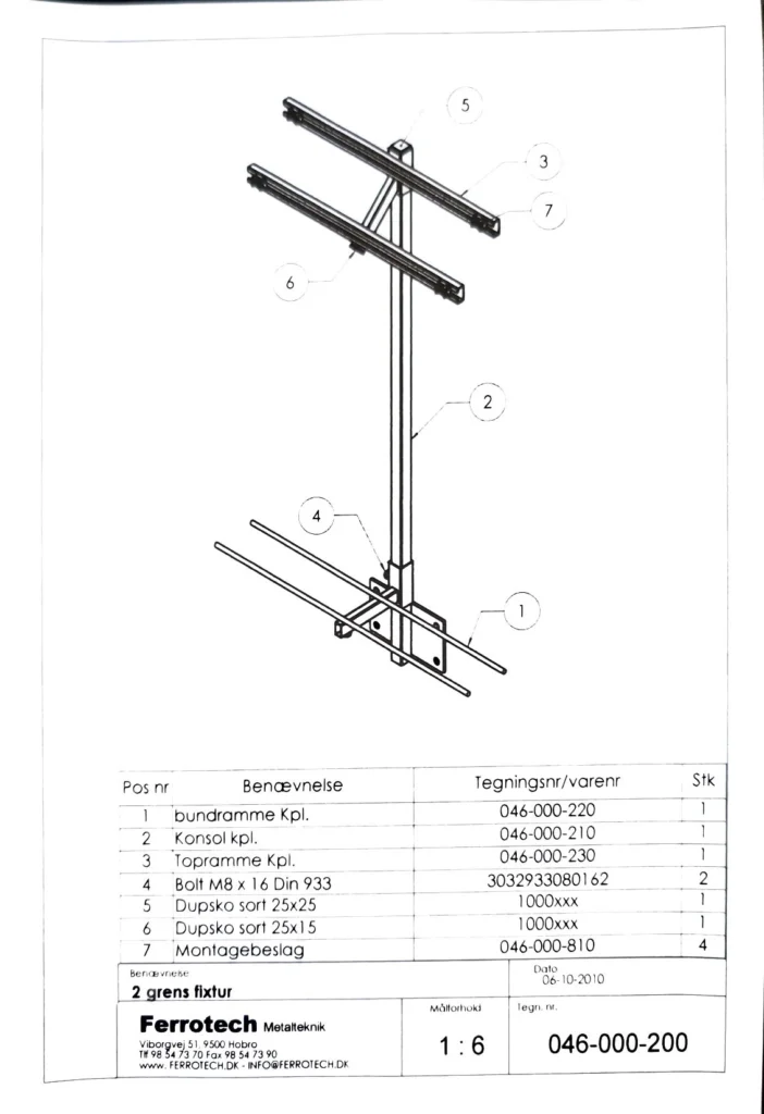 Fuld tegning med stykliste af Ferrotech fordelerrørsfixtur, 2 grens, tegningsnr. 046-000-200