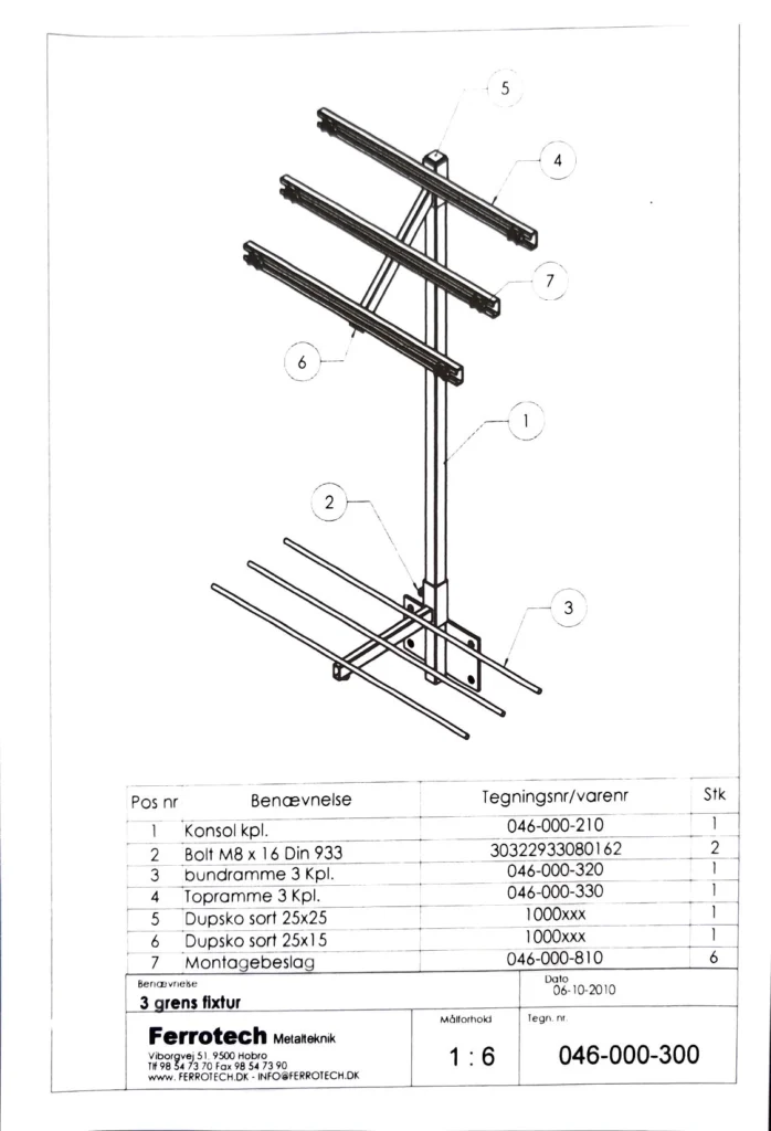 Fuld tegning med stykliste af Ferrotech fordelerrørsfixtur, 3 grens, tegningsnr. 046-000-300