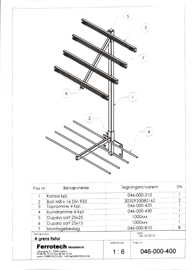 Fuld tegning med stykliste af Ferrotech fordelerrørsfixtur, 4 grens, tegningsnr. 046-000-400