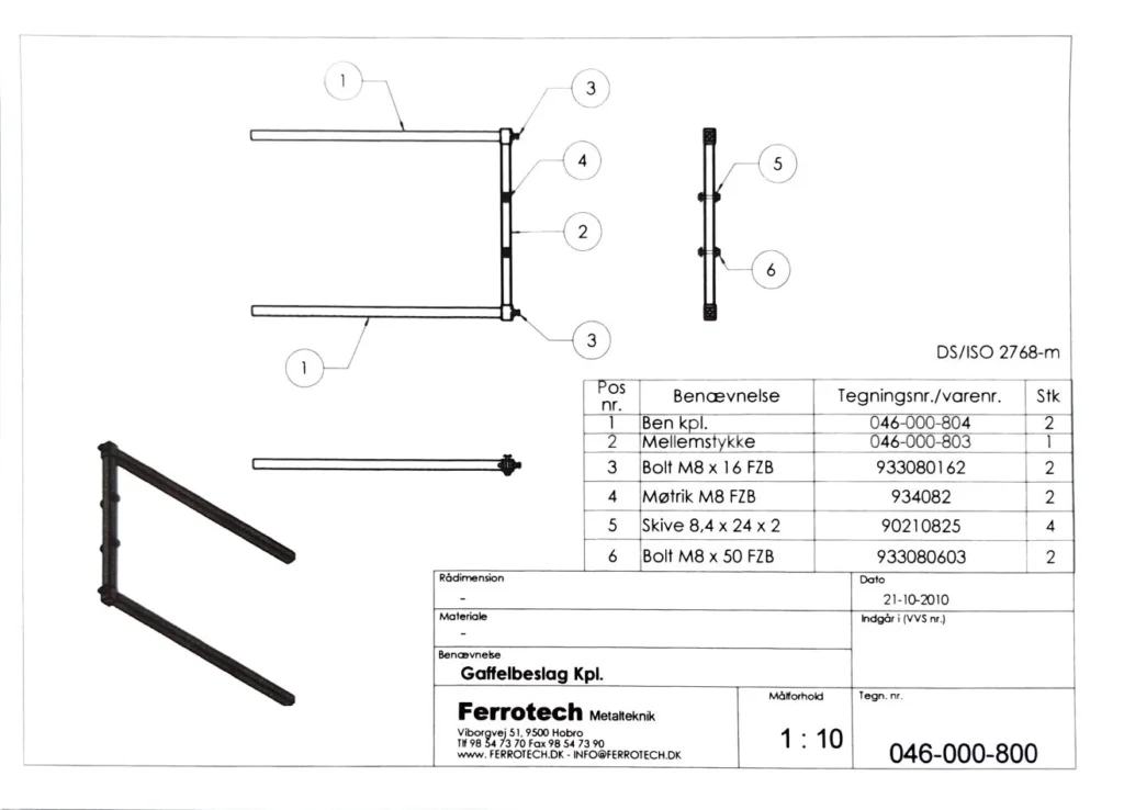 Fuld tegning med stykliste af Ferrotech gaffelbeslag komplet, tegningsnr. 046-000-800